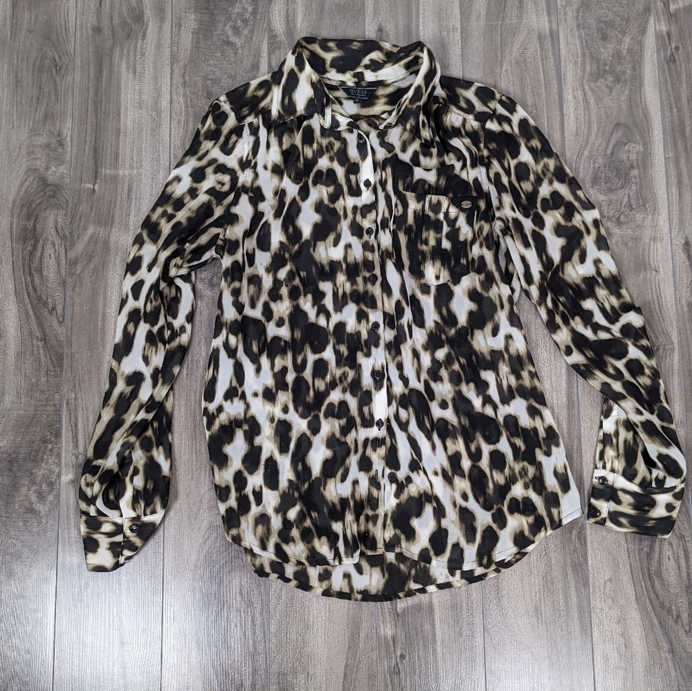 Guess Sheer Animal Print Blouse Button Up Size Small